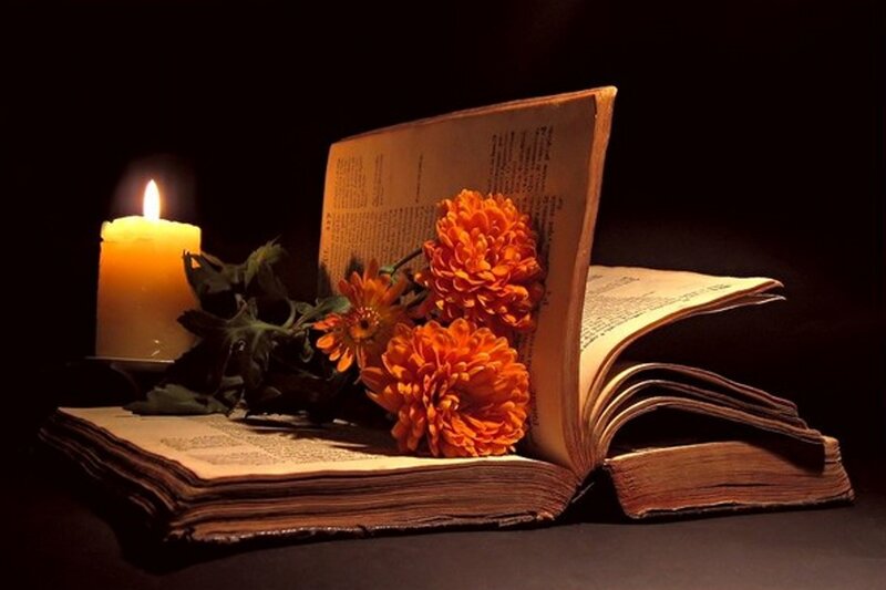 Open Book with Flowers — Orange, Dramatic, Night