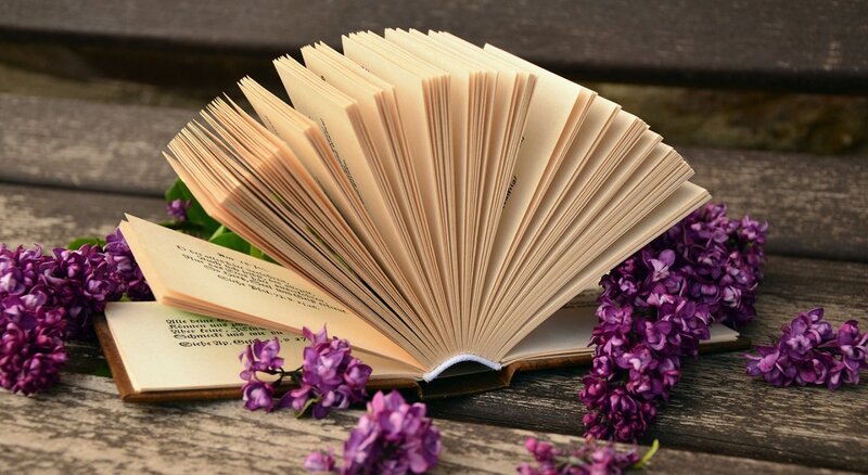 Open Book with Flowers — Purple, Serene, Spring, Photograph, Wooden Surface, Pages