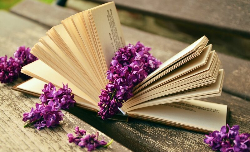 Open Book with Flowers — Purple, Serene, Spring