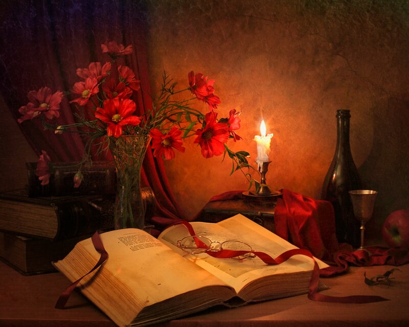 Open Book with Flowers — Red, Dramatic, Night, Painting, Candle