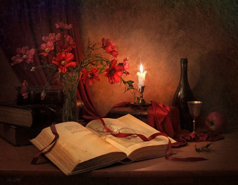 Open Book with Flowers — Red, Dramatic, Night, Painting