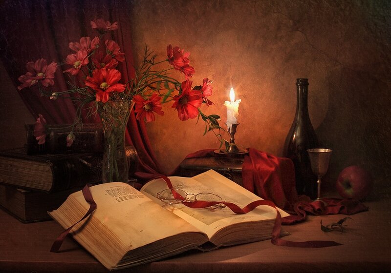 Open Book with Flowers — Red, Dramatic, Night