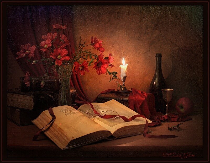 Open Book with Flowers — Red, Dramatic