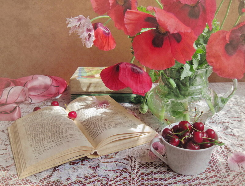 Open Book with Flowers — Red