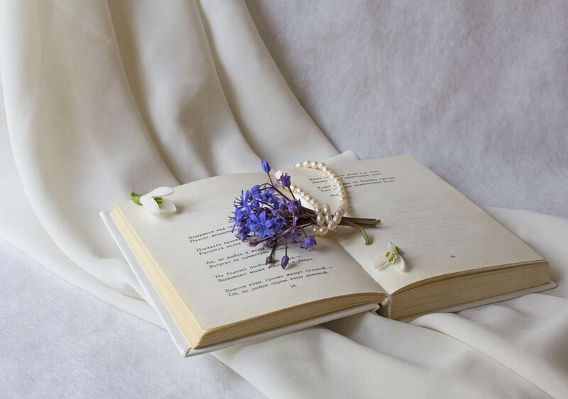 Open Book with Flowers — White, Serene, Photograph, Pearl Necklace