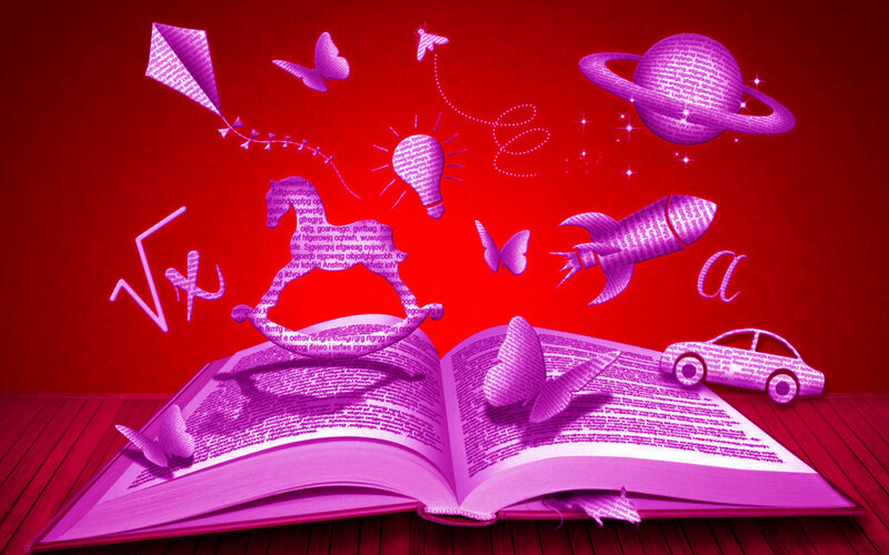 Open Book with Flying Objects — Red