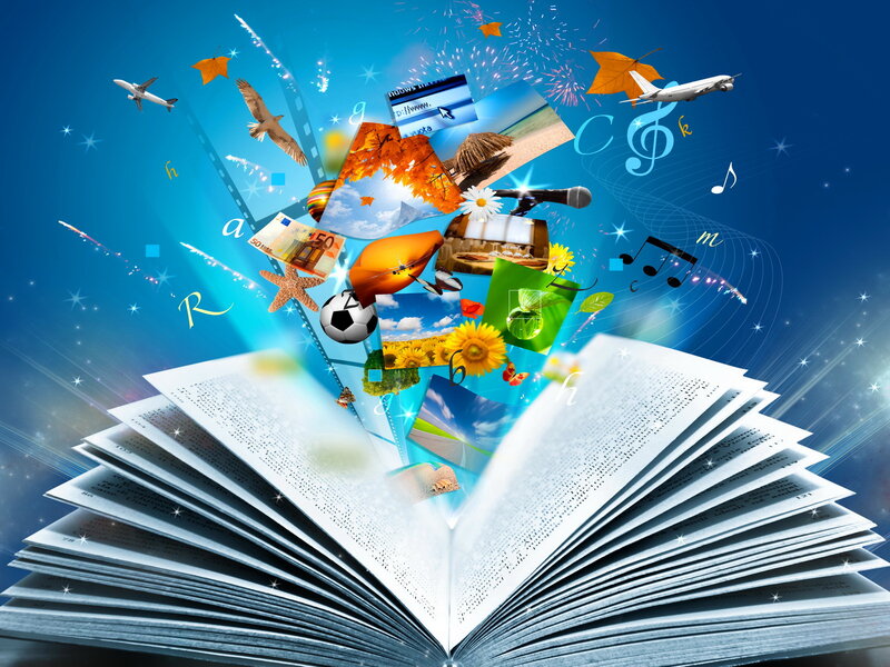 Open Book with Flying Objects