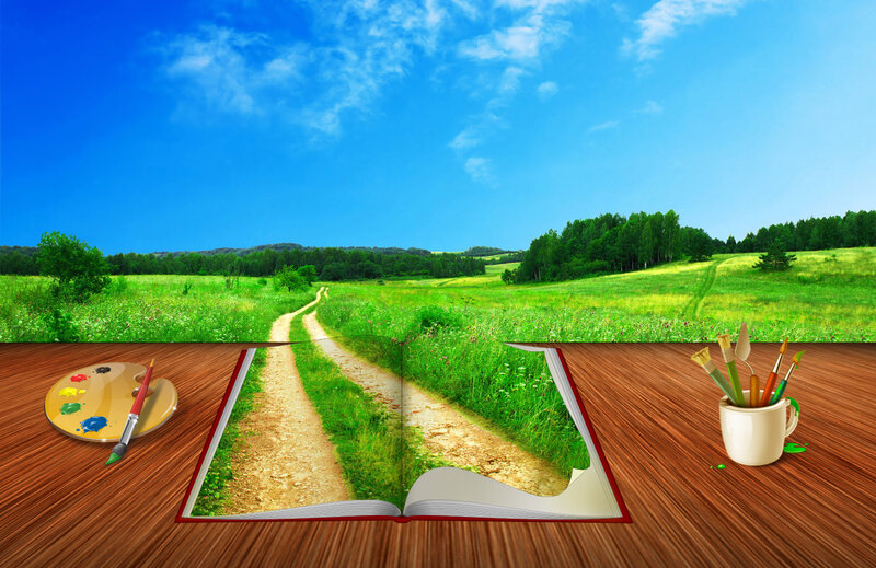 Open Book with Landscape — Green, Serene, Afternoon, Digital Art, Paintbrush