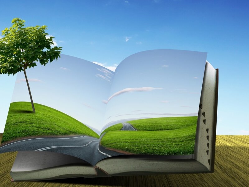 Open Book with Landscape — Green, Serene, Afternoon, Digital Art, Tree