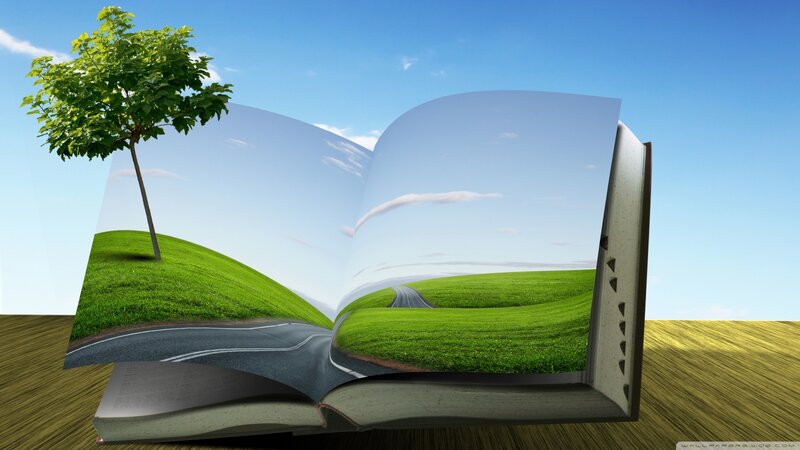 Open Book with Landscape — Green, Serene, Afternoon