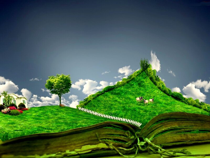 Open Book with Landscape — Green, Serene
