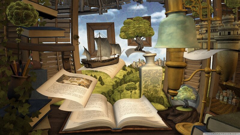 Open Book with Landscape — Green, Whimsical