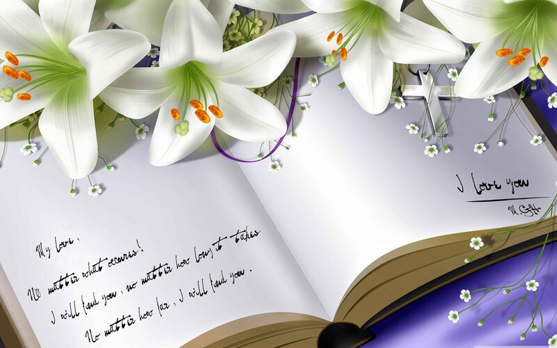 Open Book with Lilies — White, Serene, Digital Art