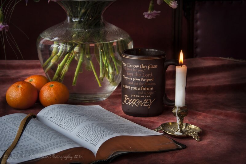 Open Book with Mug and Candle