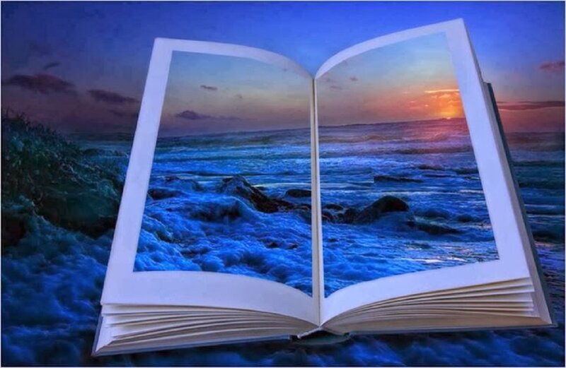 Open Book with Ocean Scene