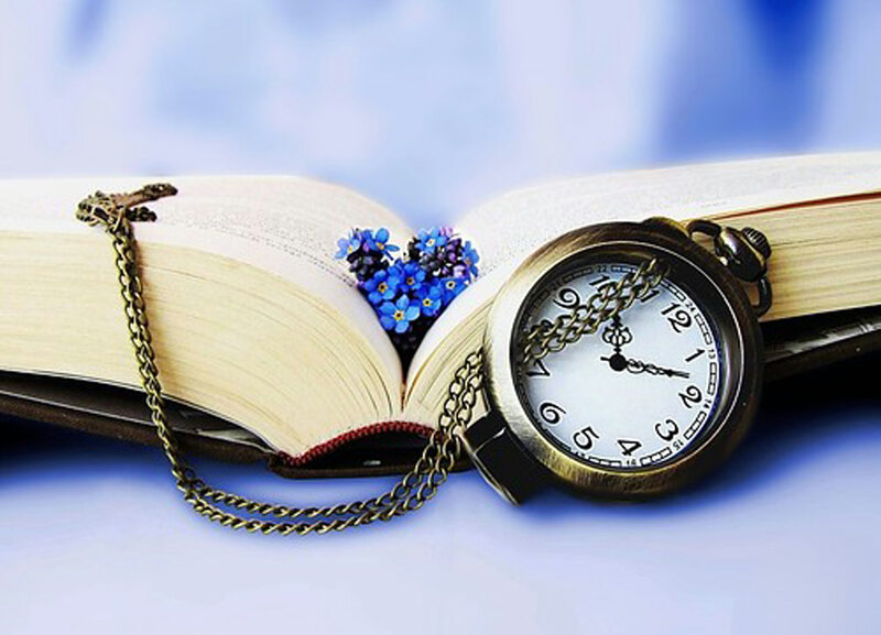 Open Book with Pocket Watch — Blue