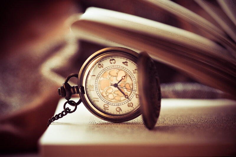 Open Book with Pocket Watch — Brown, Nostalgic, Photograph