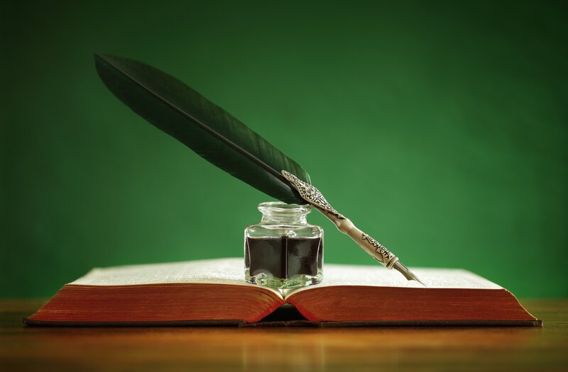 Open Book with Quill Pen — Green