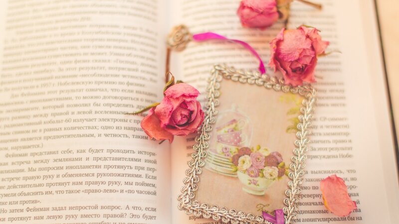 Open Book with Roses — Pink, Serene, Photograph, Bookmark