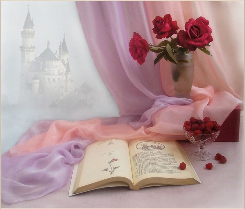 Open Book with Roses — Pink, Serene, Photograph
