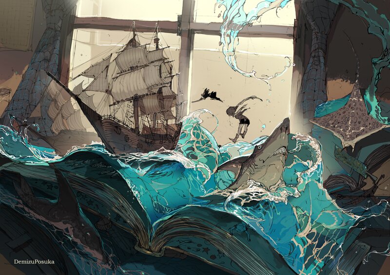 Open Book with Sea Scene