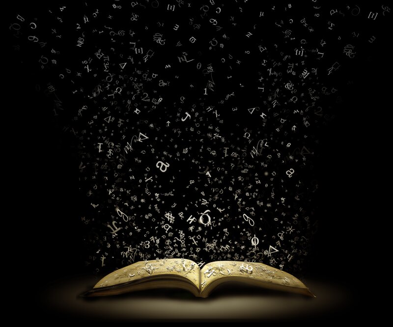 Open Book with Symbols — Black, Dramatic