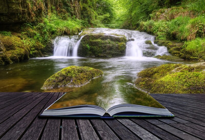Open Book with Waterfall — Green, Serene, Morning