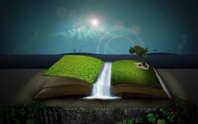 Open Book with Waterfall — Green, Serene, Night