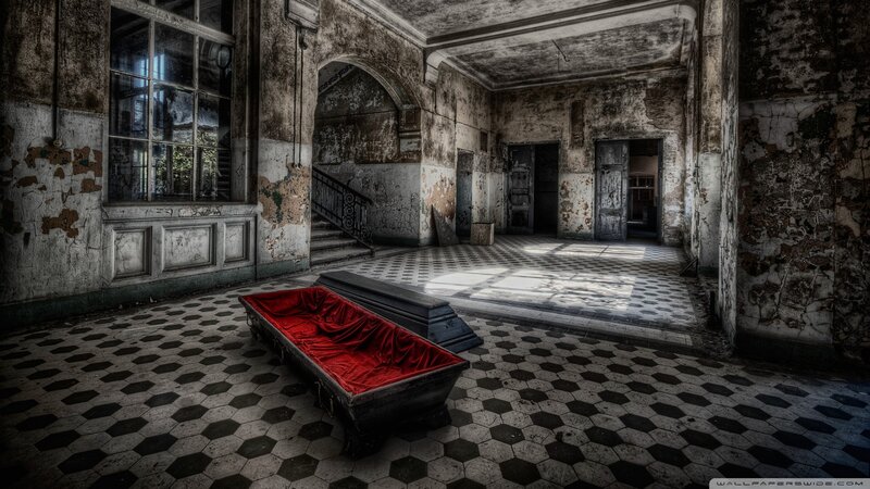 Open Coffin in Abandoned Hall — Black