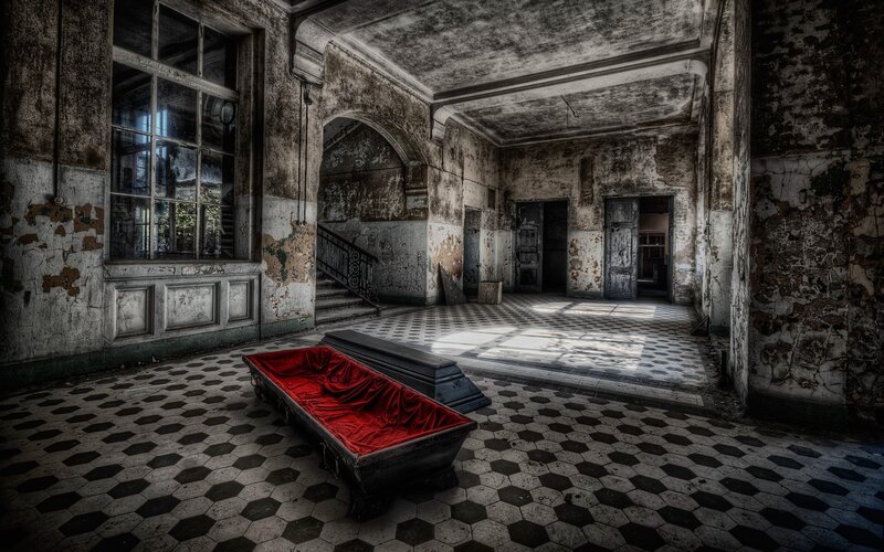 Open Coffin in Hall — Black