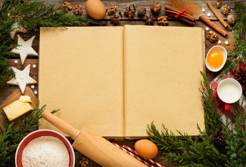 Open Cookbook with Baking Ingredients