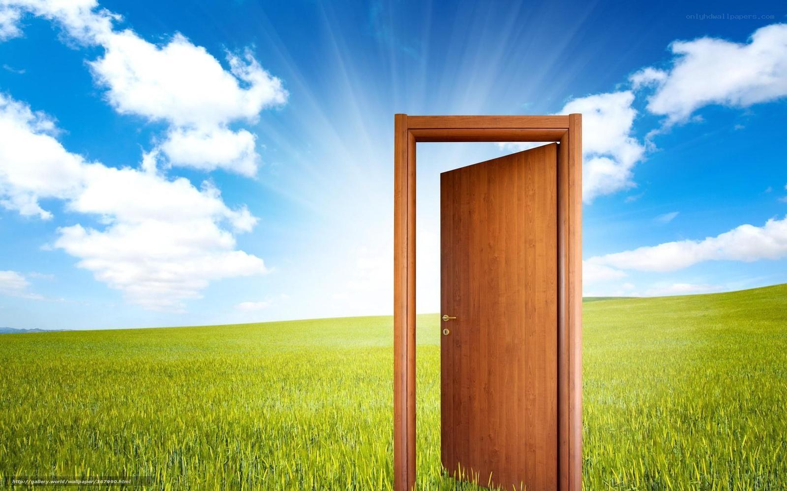 Open door to green field