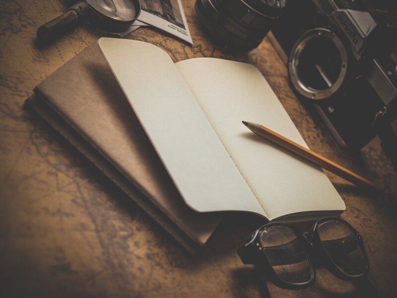 Open Notebook on Table — Brown, Calm, Photograph