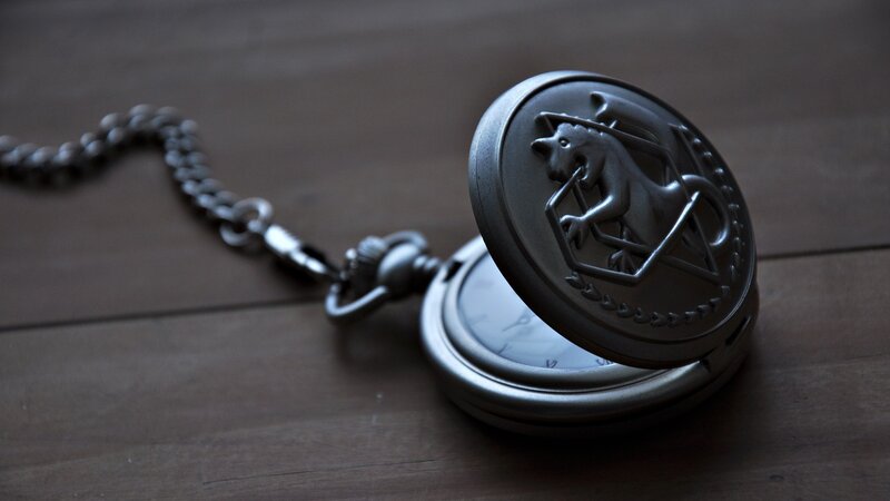 Open Pocket Watch — Brown, Dramatic, Photograph, Chain, Wooden Surface