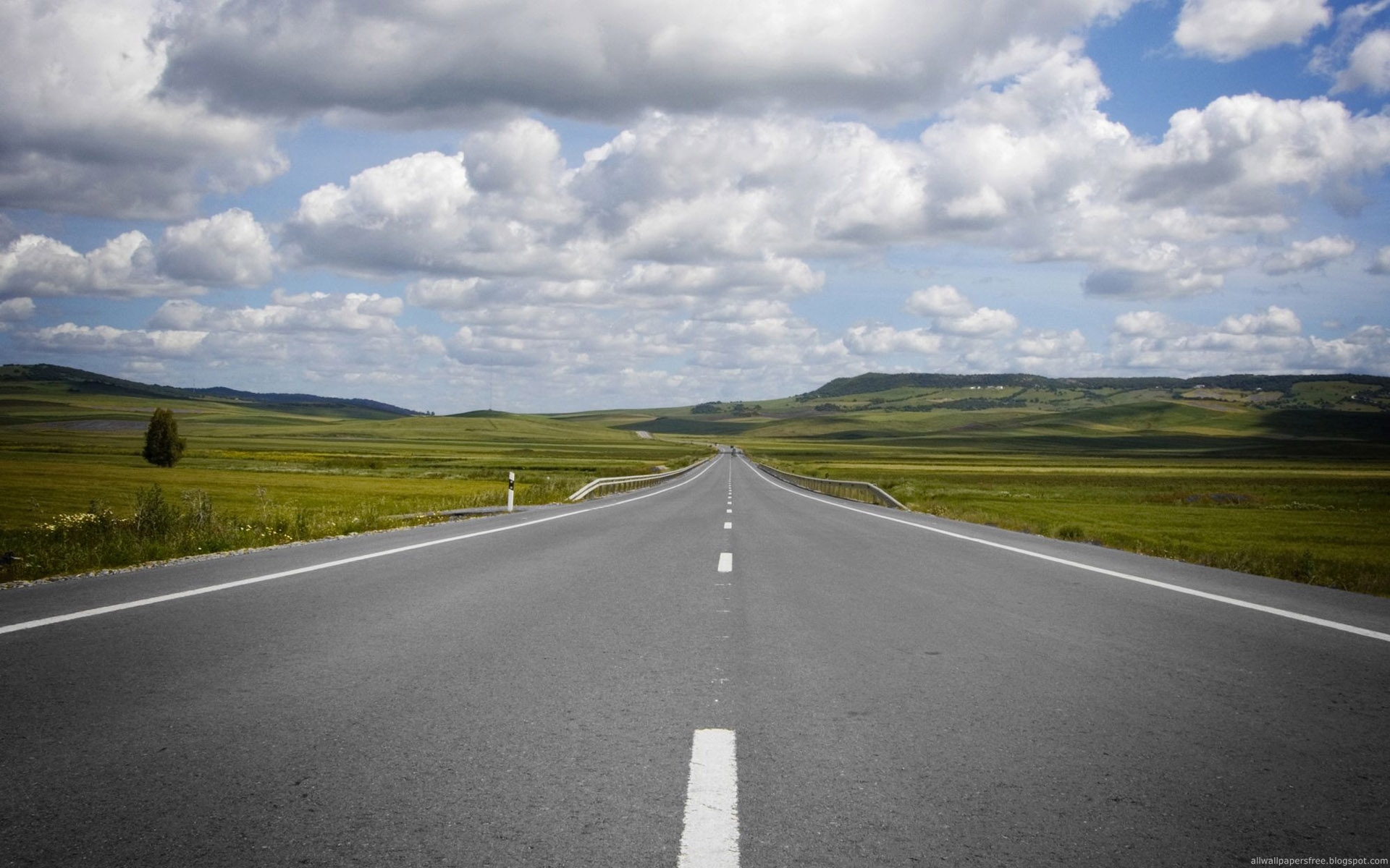 Open road through green fields