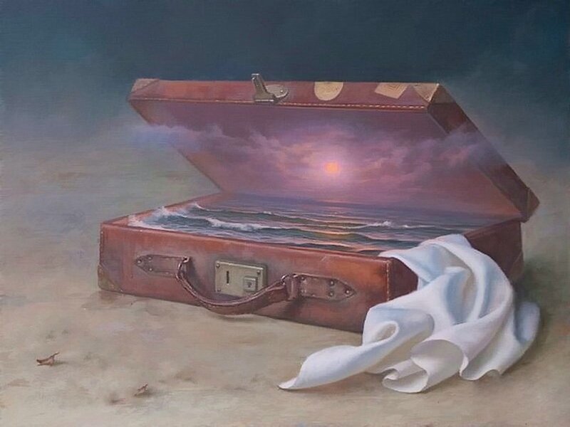 Open Suitcase with Ocean Scene