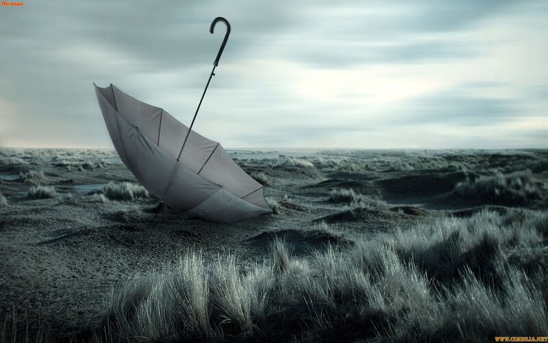 Open Umbrella on Dunes — Gray, Dreary