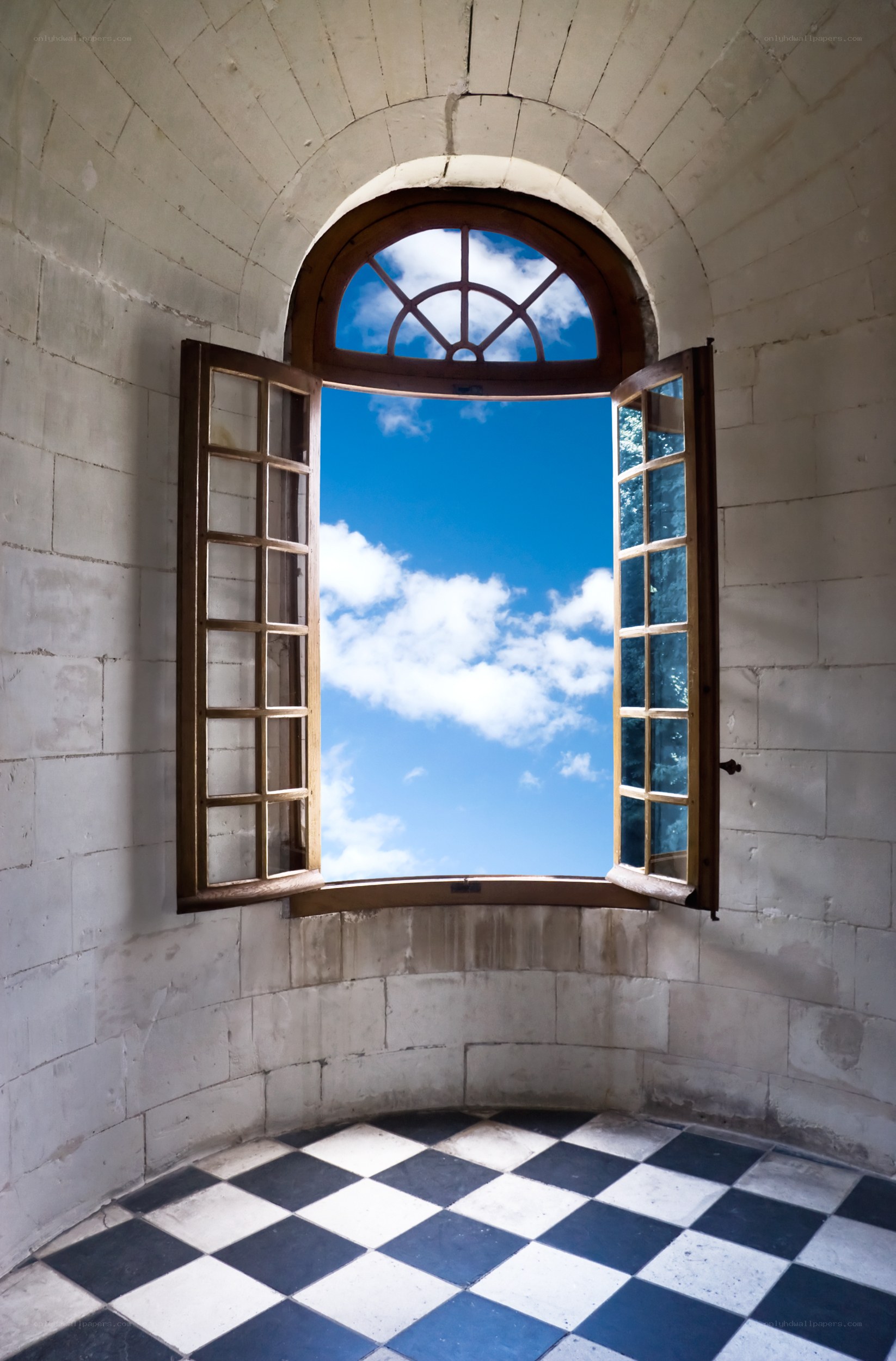 Open window with blue sky