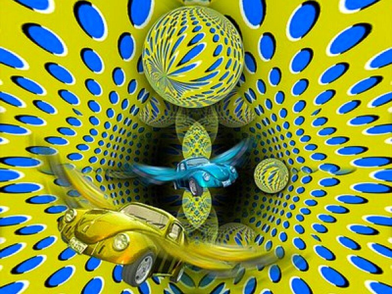 Optical illusion with cars and spheres
