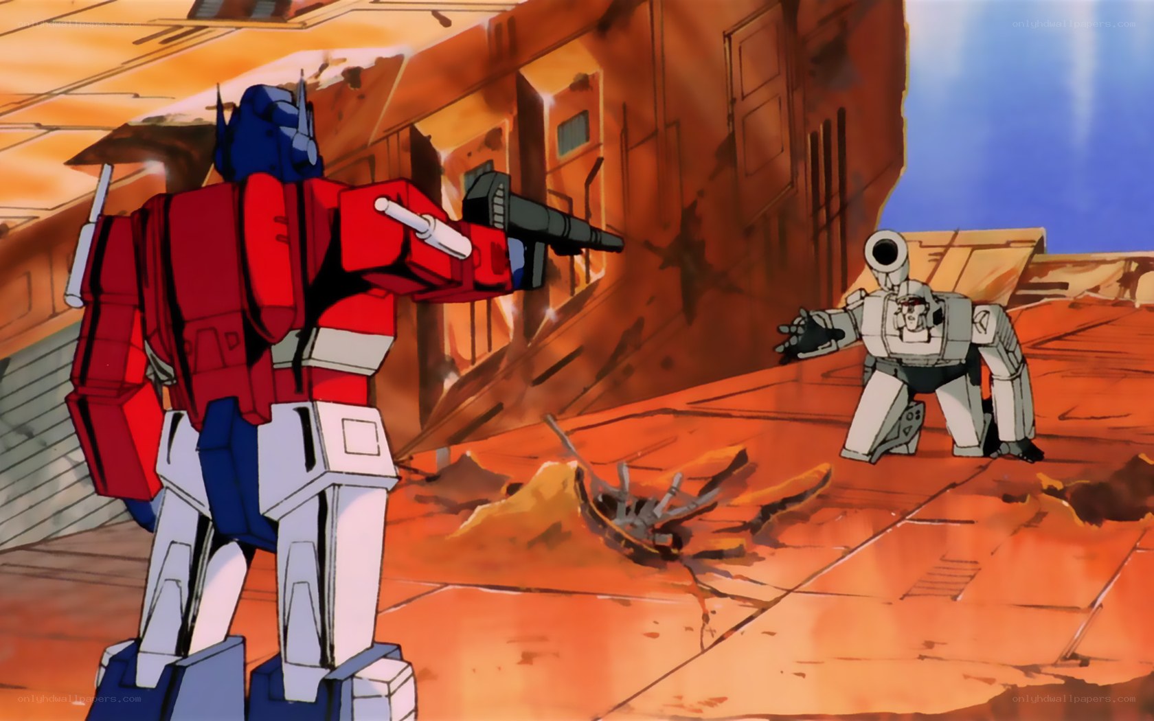 Optimus Prime confronts a Decepticon
