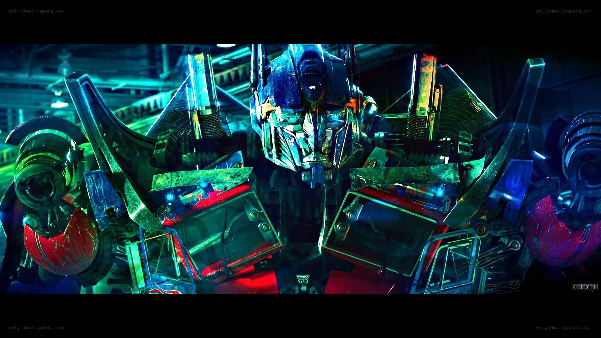 Optimus Prime in a dark hangar