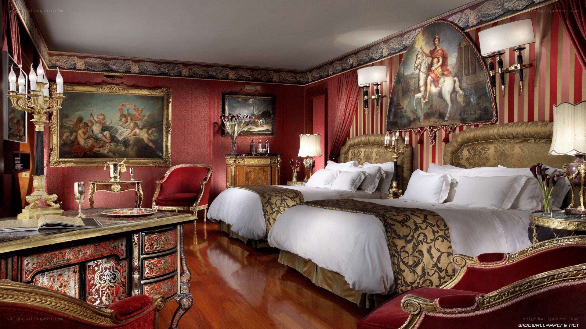 opulent red hotel room