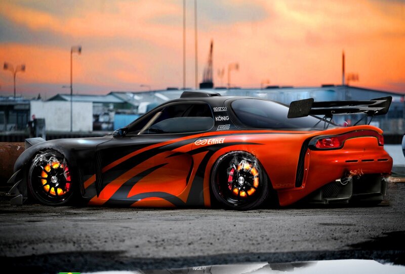 Orange and Black Race Car — Dramatic, Sunset, Digital Art, Wheels
