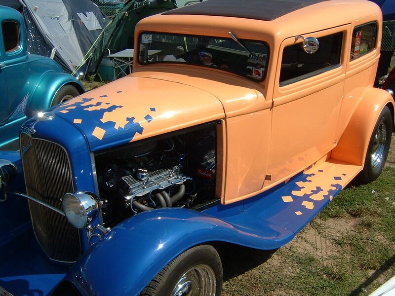 Orange and blue vintage hot rod
