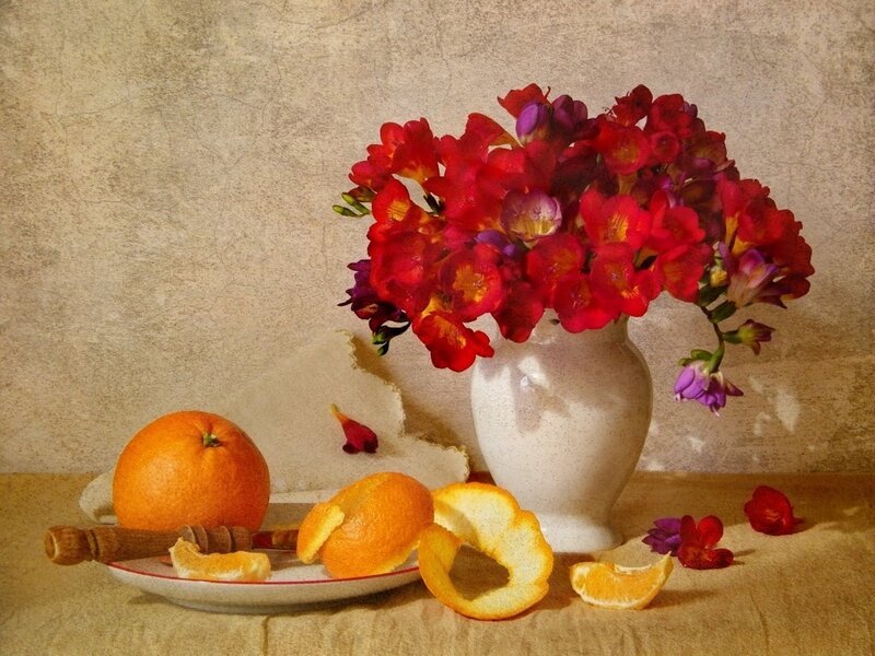 Orange and Flowers in Vase