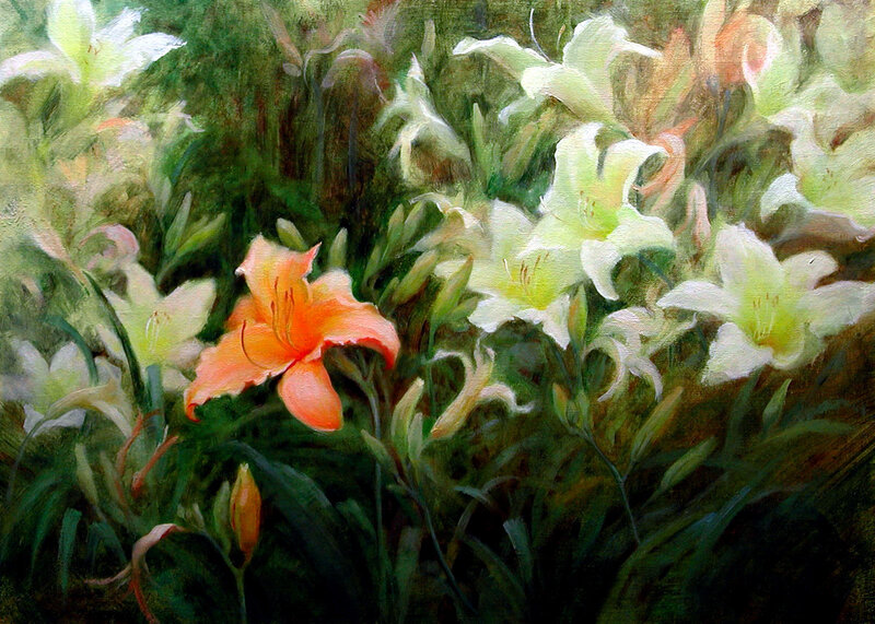 Orange and White Lilies in Garden