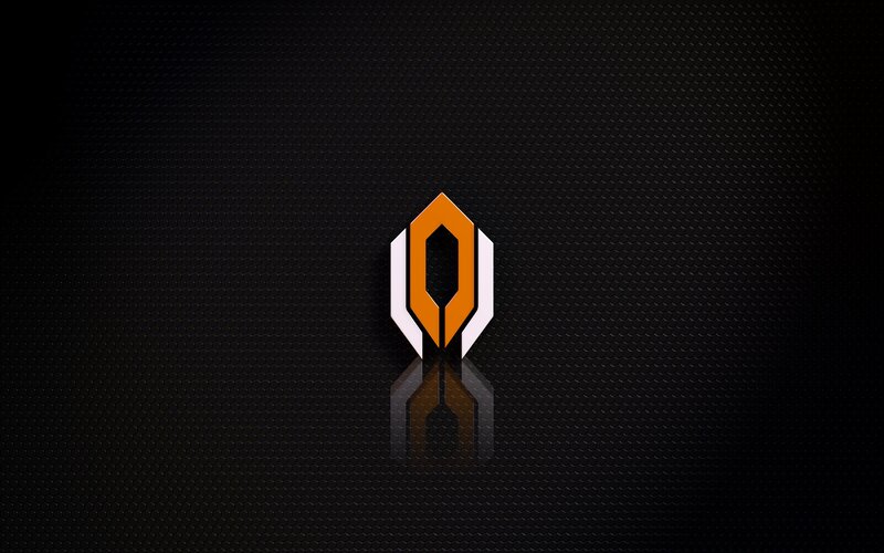 orange and white logo on black mesh