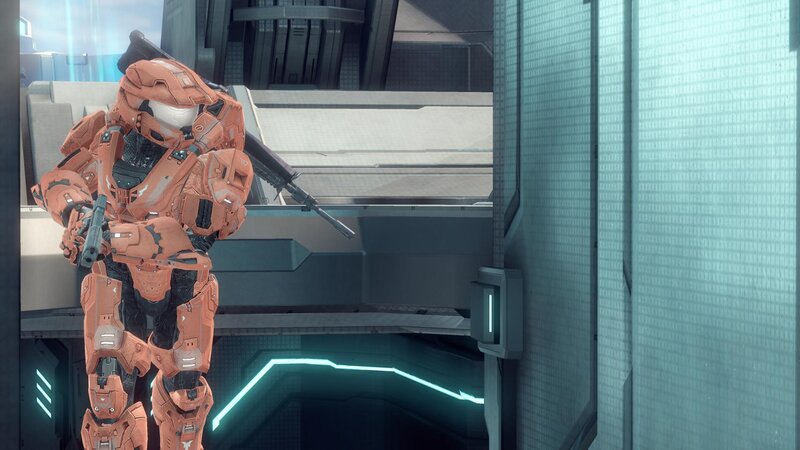 orange-armored soldier in sci-fi corridor