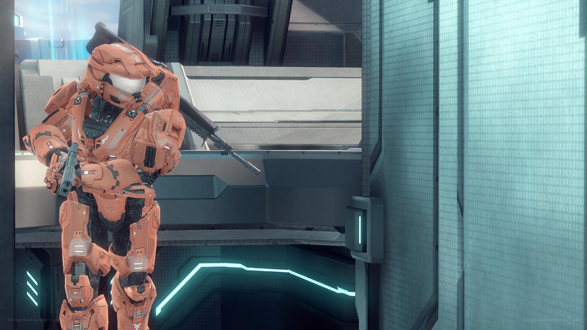 orange-armored soldier in sci-fi corridor