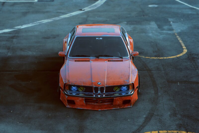 Orange BMW Car — Dramatic, Night, Photograph, Asphalt
